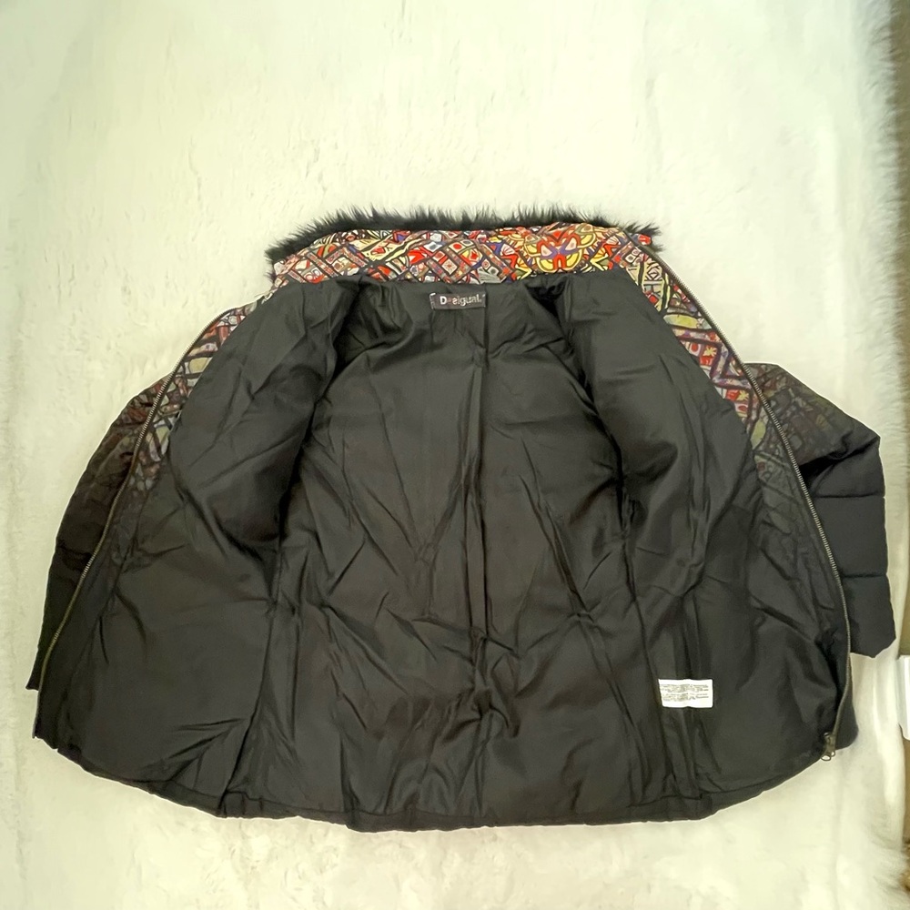 🤑 SALE Desigual Ombré Black Multi Fur trim Stained Glass Puffer Coat - Picture 9 of 14